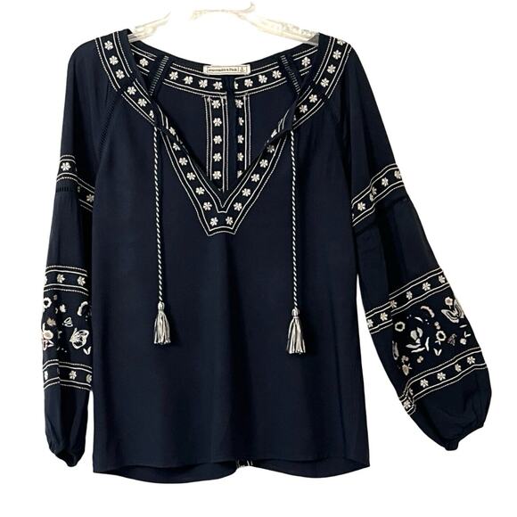 Abercrombie & Fitch Tops - Abercrombie Fitch Womens Top Size S Dark Blue Boho Embroidered Tassel Loosefit